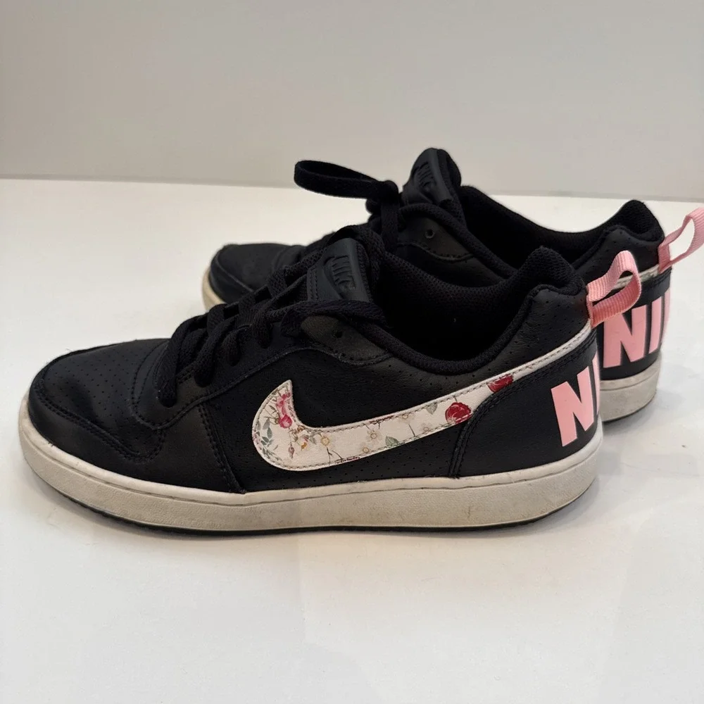 Nike Court Borough Black White Floral Leather Sneakers 7Y Youth Lace Up Tie Shoe